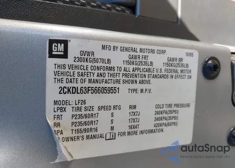 2006 Pontiac Torrent z USA, uszkodzony, nr VIN 2CKDL63F566059551